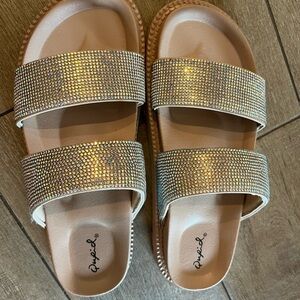Qupid Rose Gold Double Band Rhinestone Slide Sandals